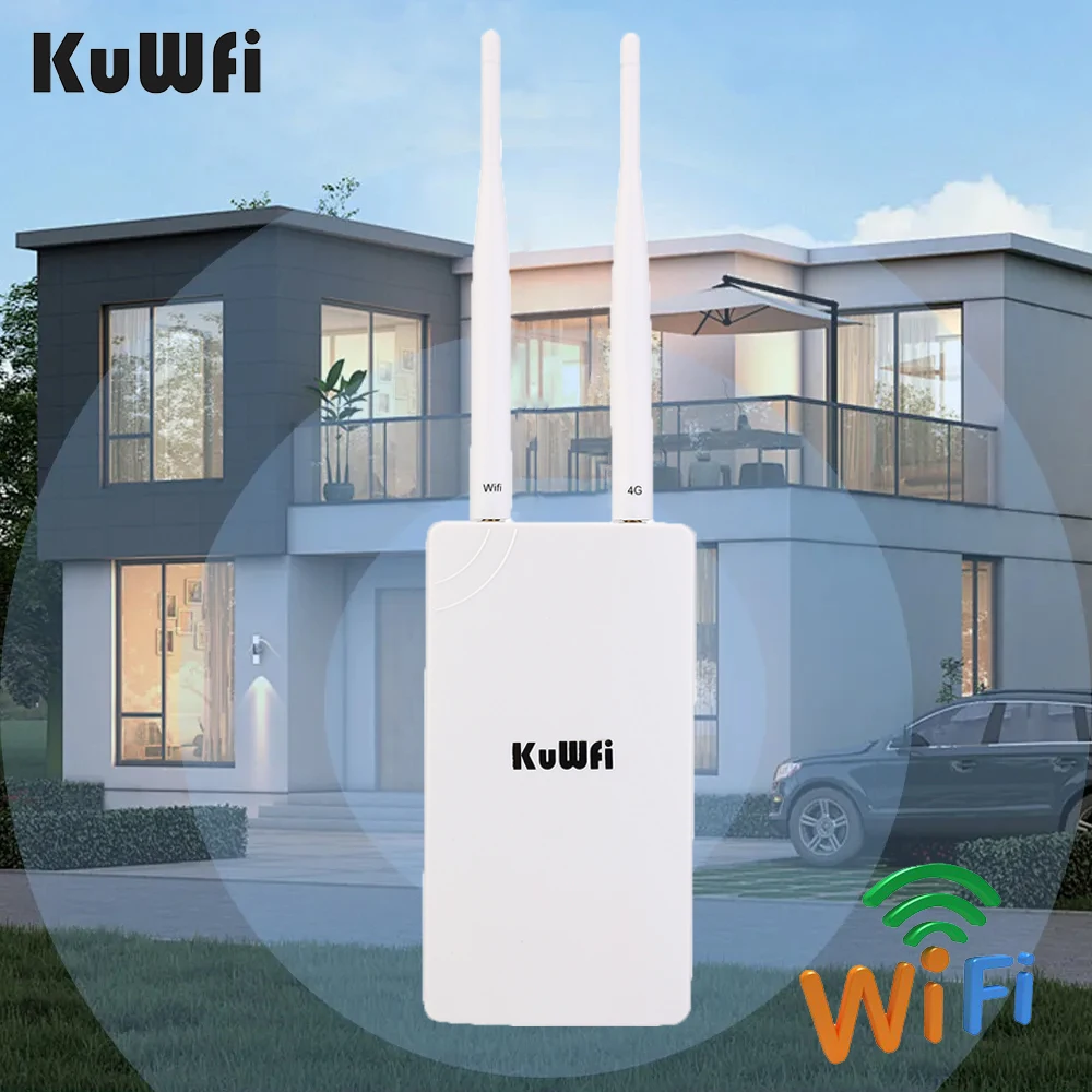 Outdoor 4G KuWFi High Speed 300Mbps Sim Card Router RJ45 Port White Outdoor 4g Lte Wifi Router for Ip Camera Pack of 2