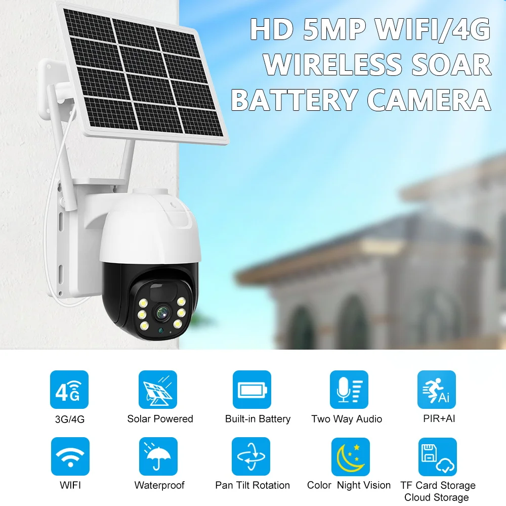 5MP 4G Wifi Survalance Cameras Color Night Vision Battery Solar Panel Camera 2 Way Audio PIR Motion Detection Security Camera Pack of 2 - Image 2