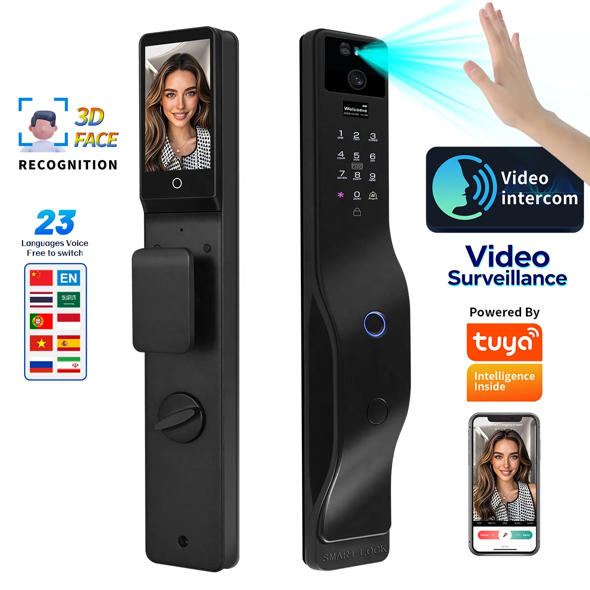 Face Recognition Smart Door Lock Israel Mortise Wifi Fingerprint Cerradura Tuya Inteligente Digital Lock With Camera for Home