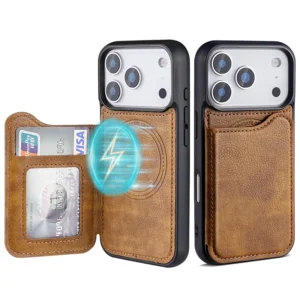 Leather Magnetic Wallet Case Wireless Charge Foldable for 13/14/15/16/17 Pro/Max Customizable Logo Card Holder Pack of 10