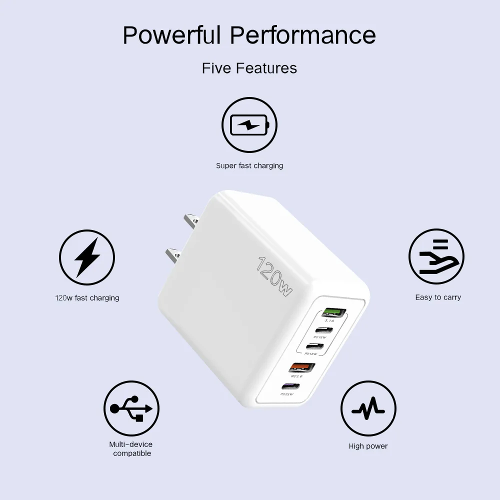 120W 5 Ports Fast Wall Charger Block Plug USB Charging Station Power Strip Adapter 3PD Type C and 2 USB a Mobile Phone Chargers Pack of 10 - Image 3