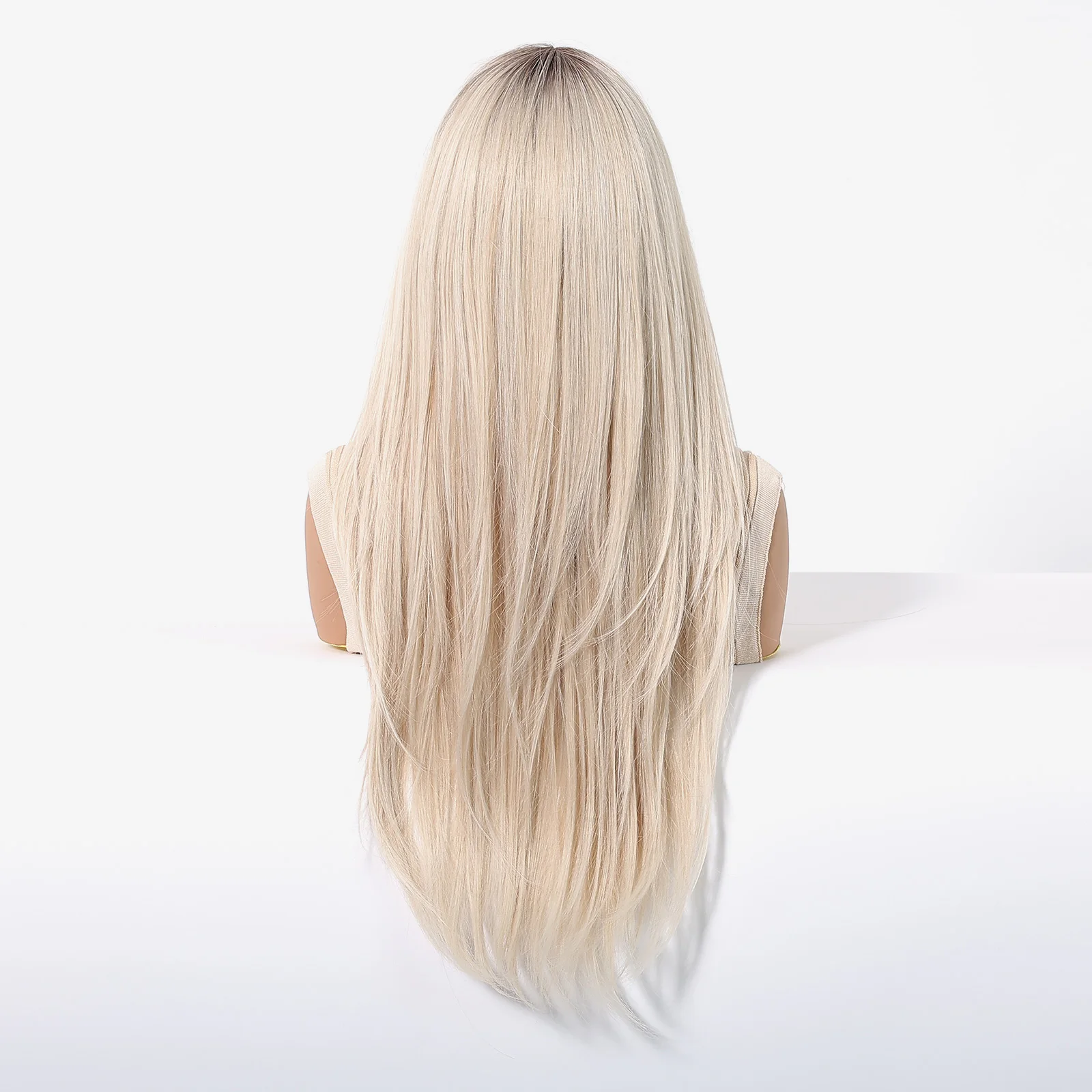 26 Inches Matte Heat Resistant Fiber Wig Dark Root Straight Hair Ombre Blonde Yellow with Bangs Wig Breathable Cap Real Shot - Image 2