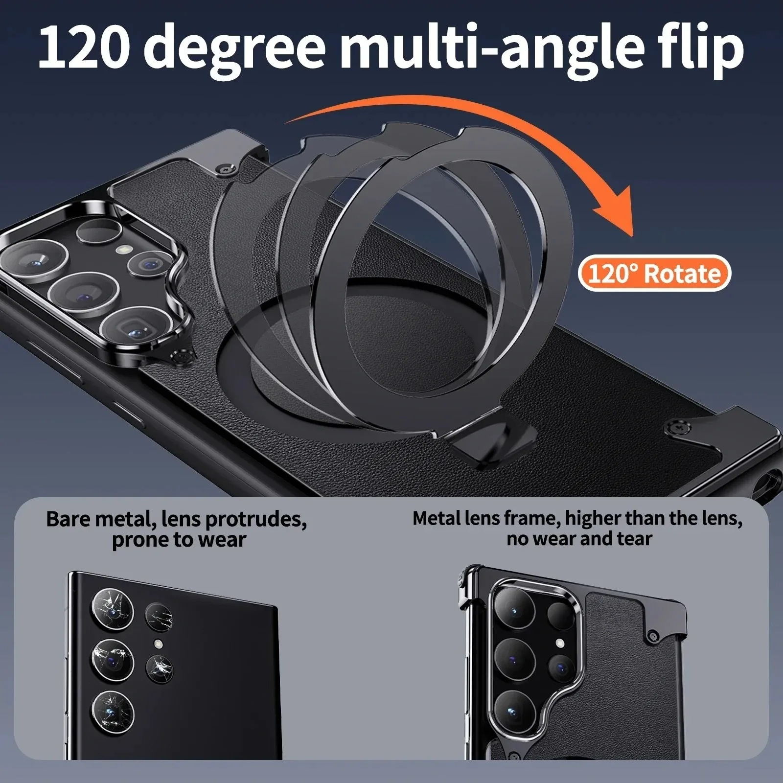 High Quality PC Leather Cover Magnetic Bracket Case Rugged Aluminium Alloy Metal Rimless Case for Samsung S23 S24 Ultra - Image 4