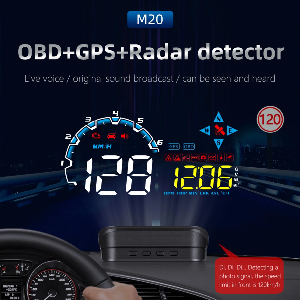 M20 Car HUD Head up Display Gauge OBD GPS with Radar Detector Electronic Dog Dual System Display Car Electronics Speedometer - Image 2