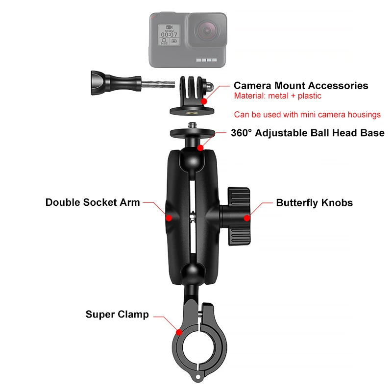 Takenoken Go Pro Camera Accessory Set Motorcycle & Bicycle Aluminum Handlebar Clip & Rearview Mirror Bracket Mounts - Image 2