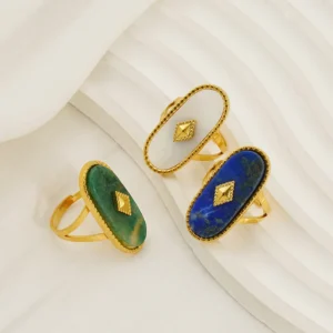 French Vintage Style Open Adjustable Ring 18k Gold Plated Stainless Steel Jade Inlaid Ring Pack of 6