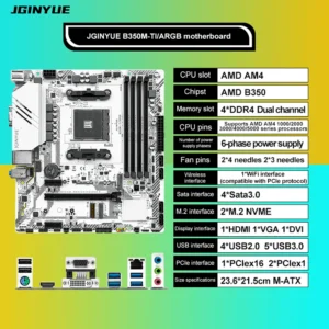 JGINYUE B350M-TI/ARGB M-ATX Motherboard for AMD B350 Chipset Ryzen AM4 DDR4 for Computer ARGB