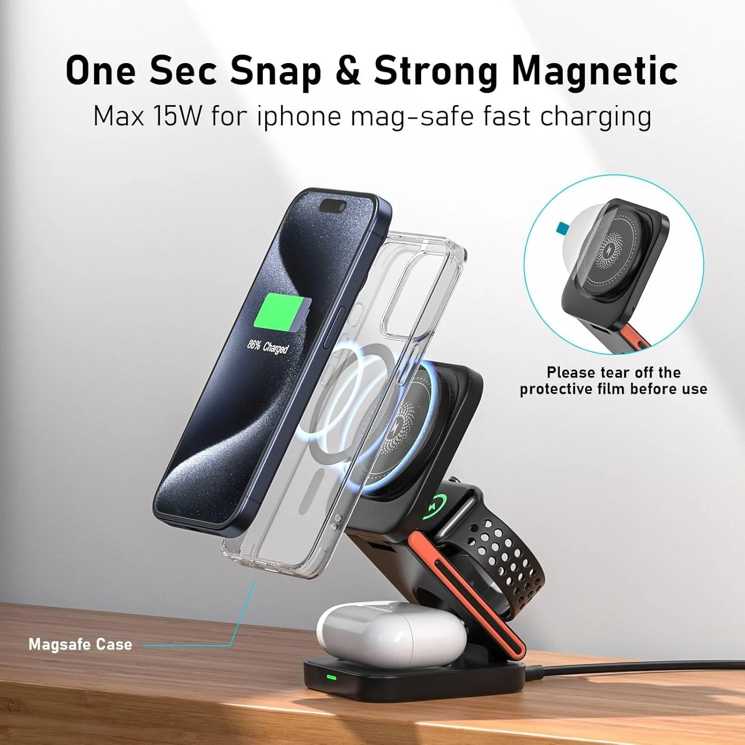 3 in 1 Wireless Charging Station Portable Foldable 15W Magnetic Wireless Charger Mobile Phone Holder Foldable Wireless Charger Pack of 5 - Image 4