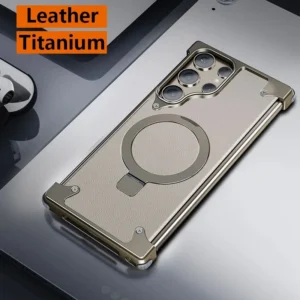 High Quality PC Leather Cover Magnetic Bracket Case Rugged Aluminium Alloy Metal Rimless Case for Samsung S23 S24 Ultra
