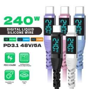 Factory Wholesale 1.2M 240W USB C to Type C Cell Phone Cable with LED Display,PD Fast Charging Data Cord ,Samsung for iPhone 17