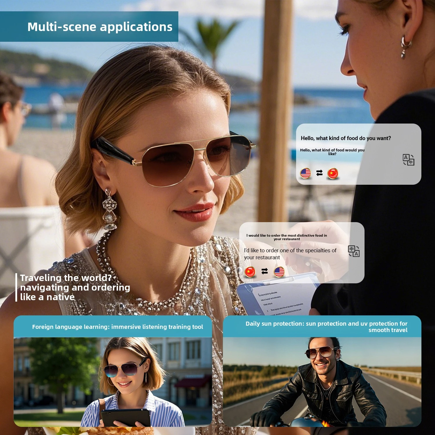 MZT GY100 AI Translation Bluetooth 100 Multi-language Real-time Translation Glasses Listening to Songs Call Smart Glasses - Image 3