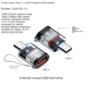 JILIAN 120W Transparent DC USB3.2/Gen2/Type-C Double-Sided 10GB Connecter Data Transmission Converter OTG USB Adapter