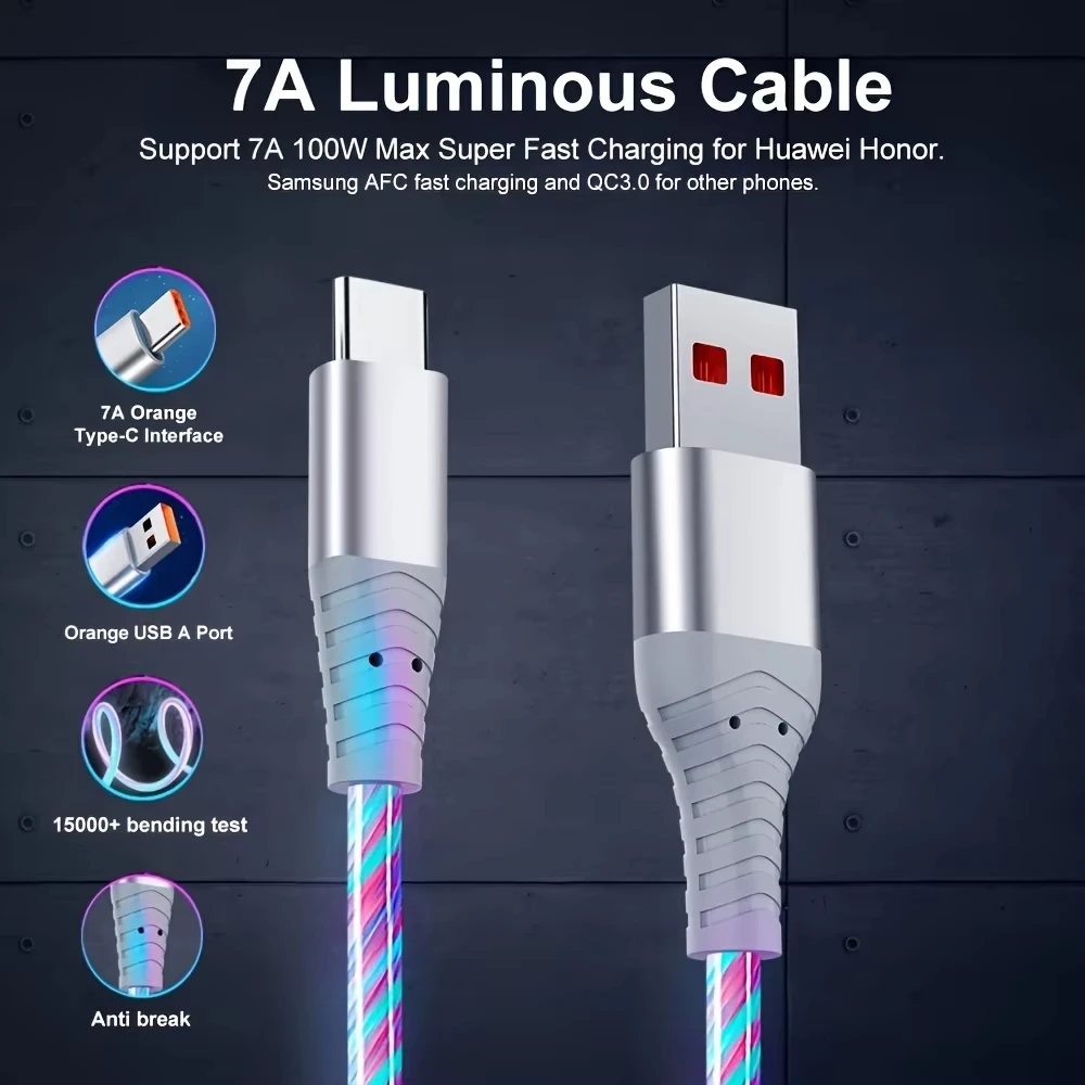 100W Luminous LED Light 7A 1m 2m USB a to Type C Fast Charging Cable 16 Pro Max Xiaomi Samsung for Iphone 15 Pack of 5 - Image 2