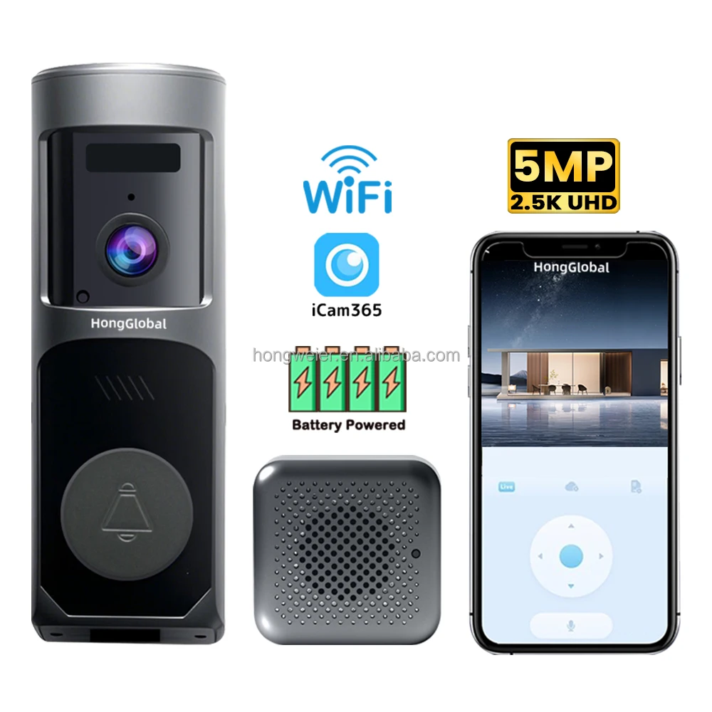 HongGlobal 5MP IP Ring Battery Bell Door Surveil Video Doorbell Security Camera ICam365 WiFi Ring Smart Wireless Doorbell Camera