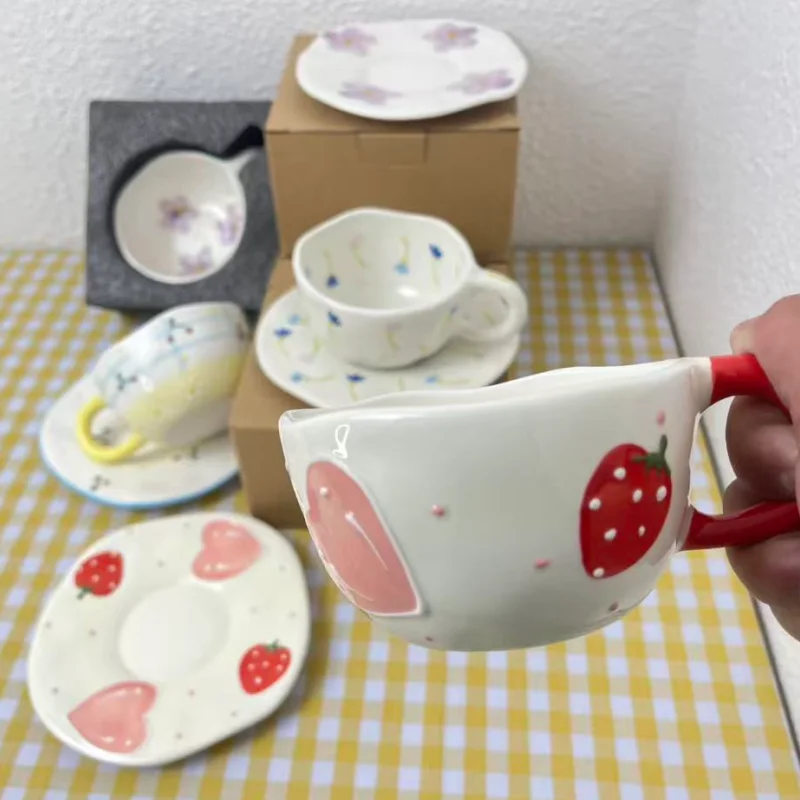 Japanese Retro Handmade Irregular Ceramic Cup With Plate Printed Coffee Mug Unique Patterned Tea Cup Set Pack of 2