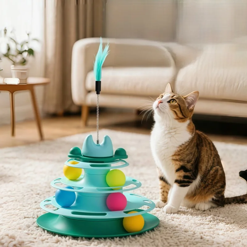 Small Volume Cat Interactive Toys 4-Tier Roller Track Smart Training Cat Turntable Cat Tower Toys with Colorful Chase Balls Pack of 2