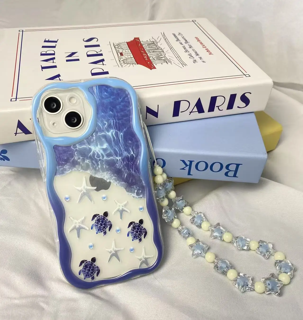 for Mobile Phone Cases Ocean Wave Turtle Beaded Lanyard Curly Frame Soft TPU Cover UV Painting Case Pack of 5