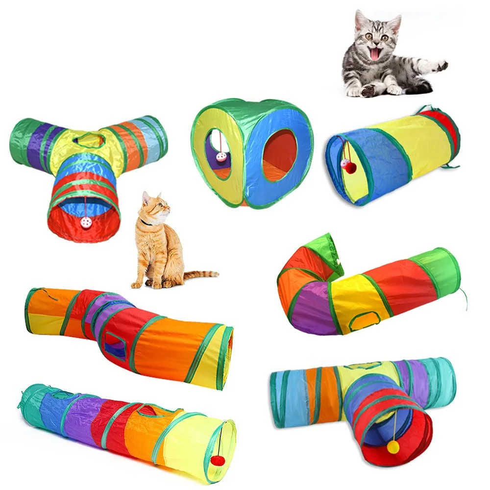 Rainbow Colorful Eco-Friendly Cat Tunnel Toys Foldable Tubes Polyester Bell Hanging Toys Indoor Crawl Path Cat Dog Pet Supplies