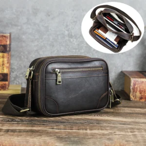 Contact's Vintage Full Grain Genuine Leather Shoulder Crossbody Bag Men for Spring Summer Multi-Zipper Messenger Bag Expandable