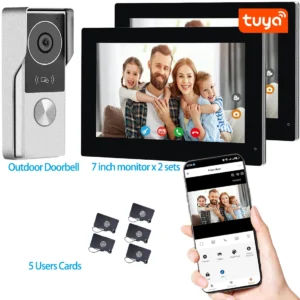 2 Wired Video Intercom System with Dual 7'' Touch Screen 1080P HD Camera Tuya APP Remote Control Waterproof for Apartment