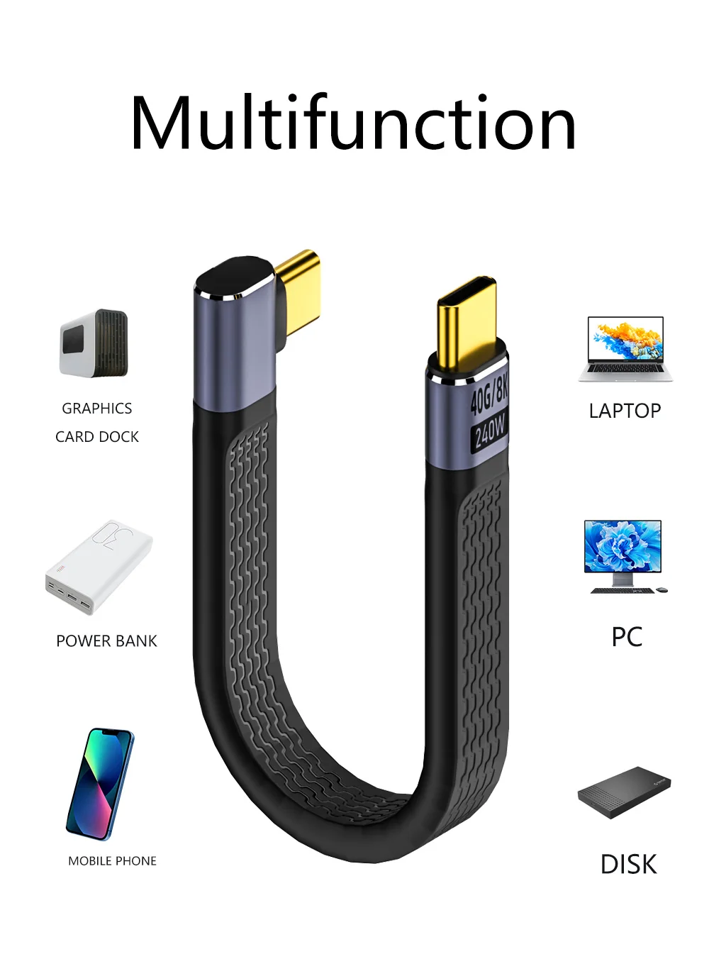 USB4 40Gbps Type-C to Type-C Male 240W 8K 60HZ Flat Slim FPC 5A Fast Charging Cable for Computer & Phone 13cm Pack of 10