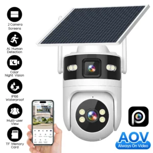 6MP AOV Solar Dual Lens PTZ Outdoor Security Camera 4G IP Camera AI Human Detection Full Color Night Vision 24/7 Recordning IP66 Pack of 2