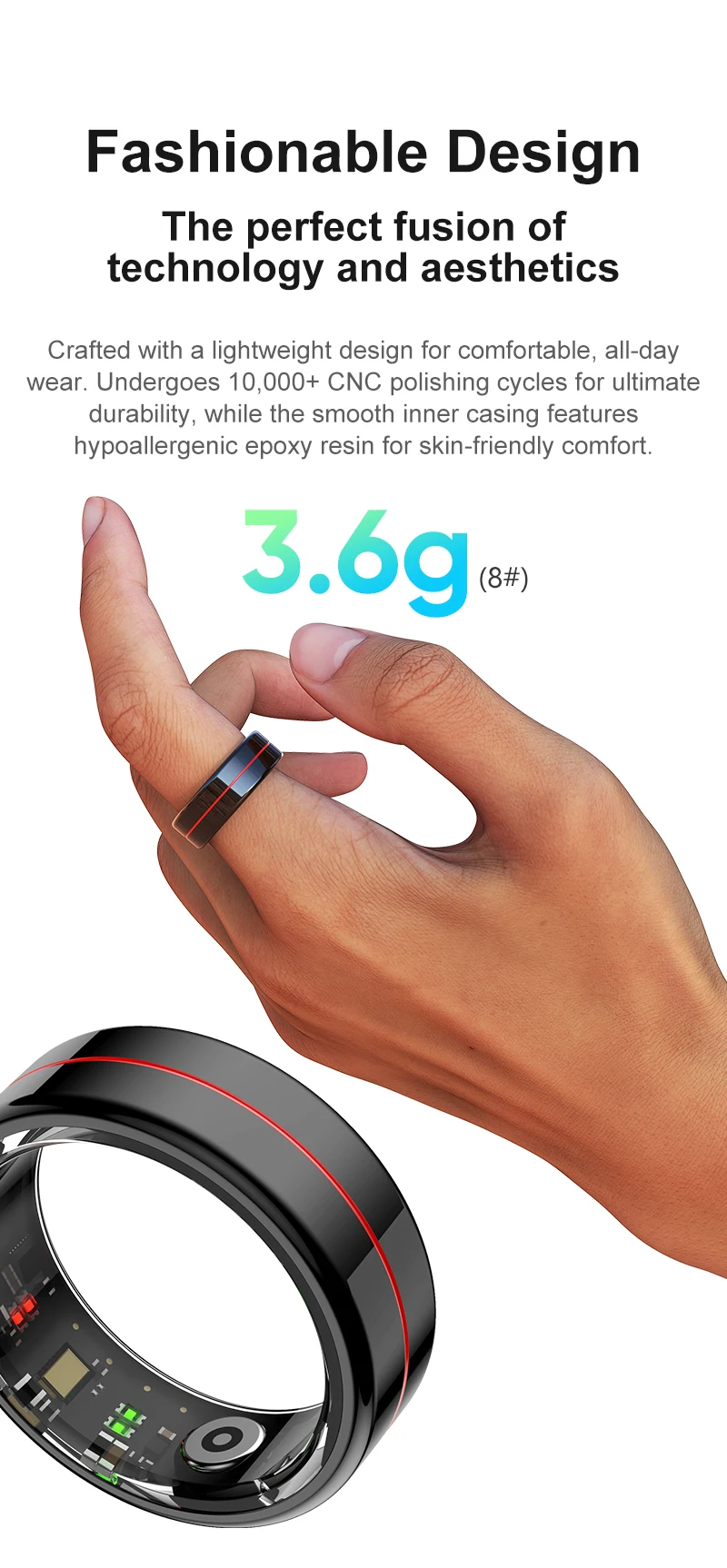 Smart Ring with Charging Case Health Sleep Monitor 5ATM Waterproof Multi-sport Mode Camera Control WiFi for Men and Women - Image 4