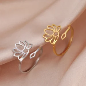 Vintage Lotus Flower Rings for Women Stainless Steel Elegant Adjustable Finger Ring Yoga Chakra Buddhism Jewelry Gifts Pack of 15