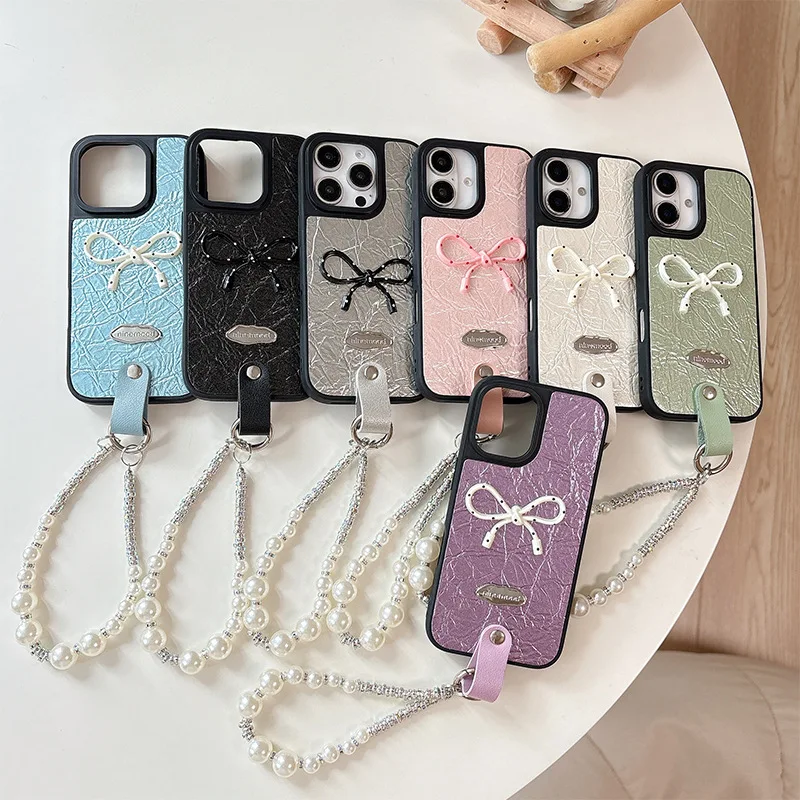 Women's Fashion PU Case Pearl Bracelet Bowknot 17 Pro Max case Luxury Design Phone Cover iphone 15 14 13 12 for iPhone 16 Pack of 5 - Image 3