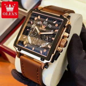 For OLEVS 9919 Men's Luxury Sports Quartz Wrist Watch Square Red Analog 40mm Waterproof Stopwatch Alloy Rubber Leather Relogio