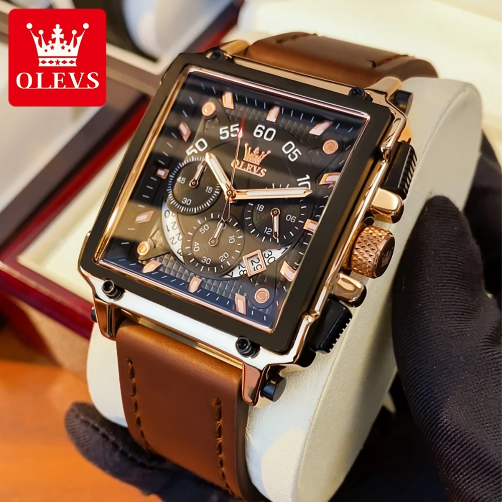 For OLEVS 9919 Men's Luxury Sports Quartz Wrist Watch Square Red Analog 40mm Waterproof Stopwatch Alloy Rubber Leather Relogio