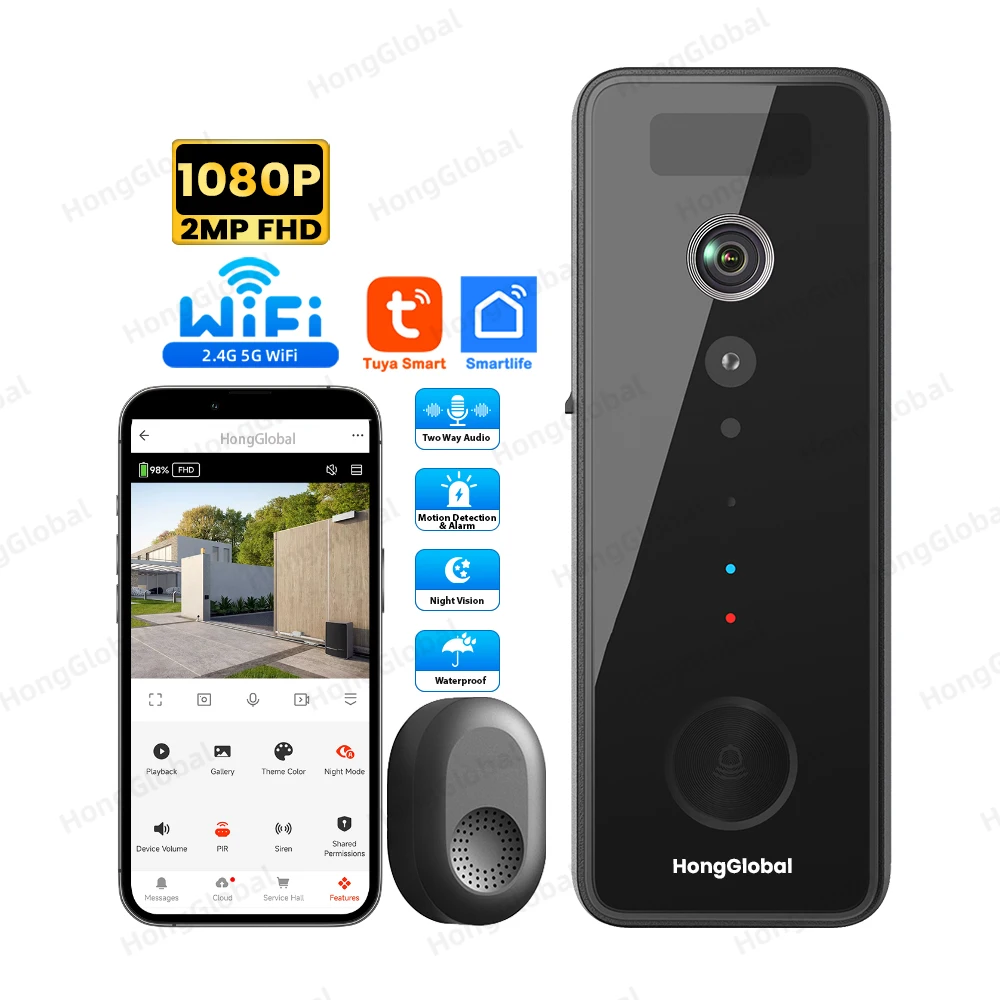 HongGlobal 2MP Waterproof Outdoor Wireless 2.4G 5G WiFi Door Camera Smartlife Tuya Security Video Door Bell Smart Ring Doorbell