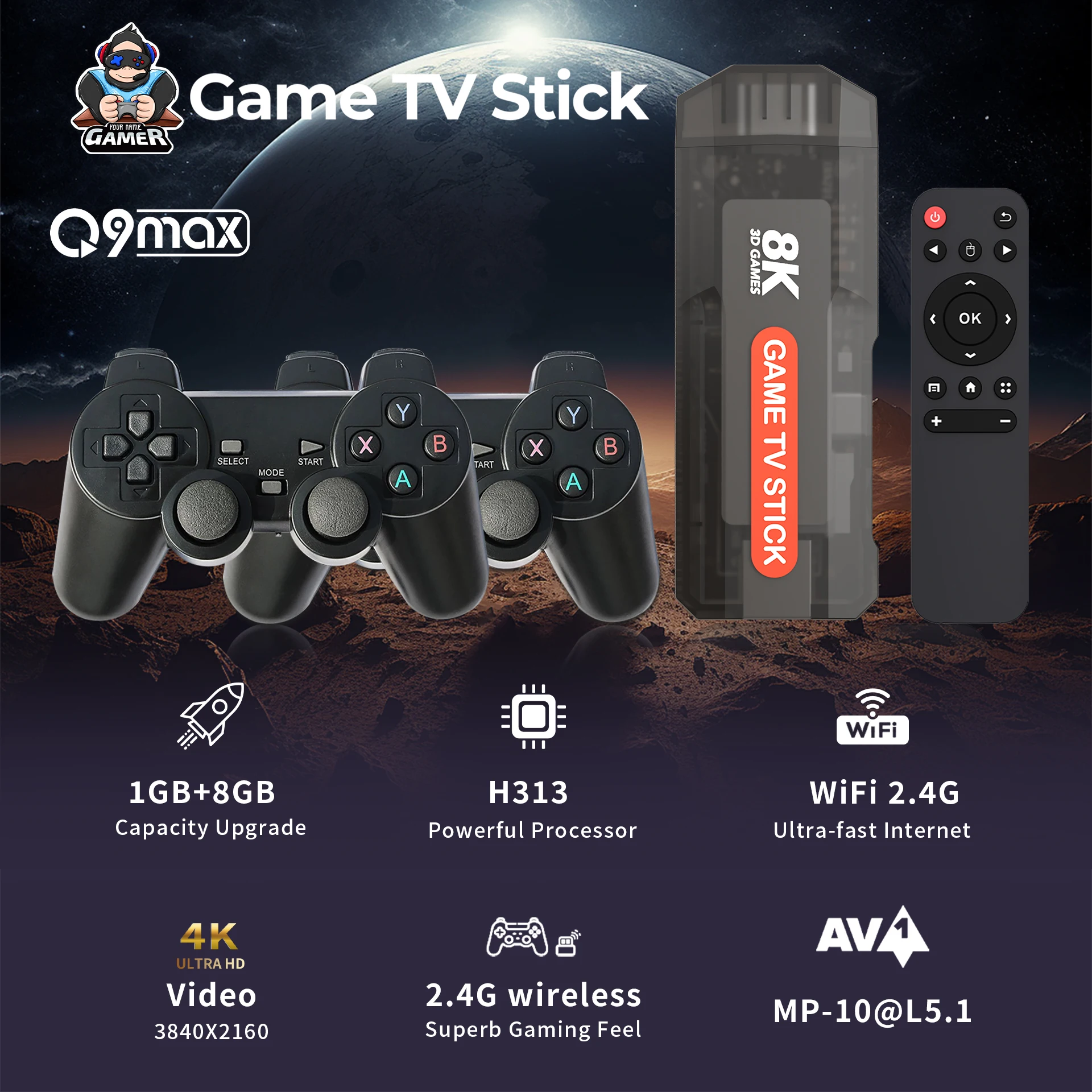 Zoku Q9MAX Mini Video Game Console Wireless Handheld USB Stick Player 30000+ Games Supports 8K Resolution Games GB GBC for TV HD - Image 2