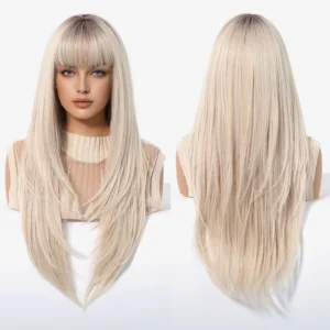 26 Inches Matte Heat Resistant Fiber Wig Dark Root Straight Hair Ombre Blonde Yellow with Bangs Wig Breathable Cap Real Shot