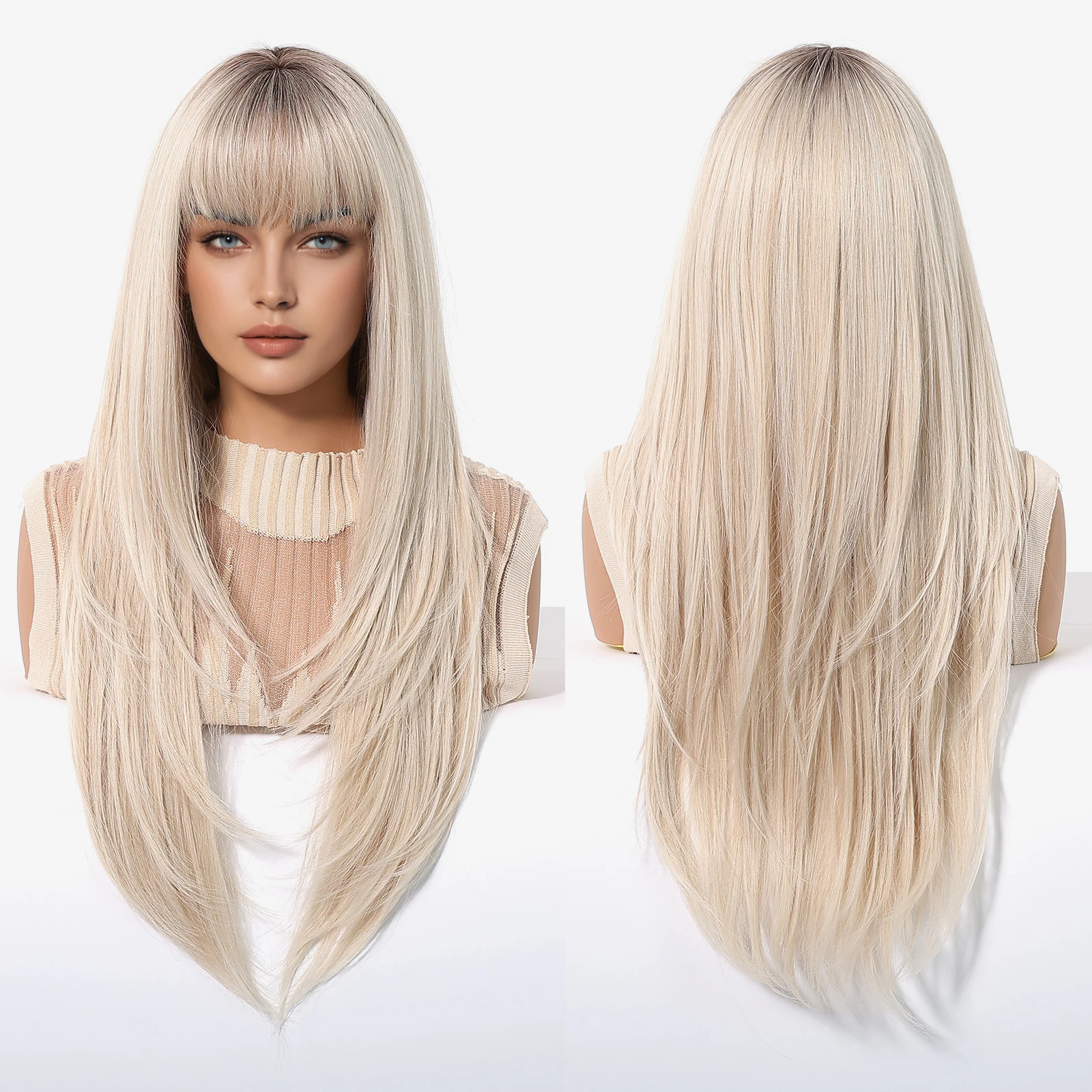 26 Inches Matte Heat Resistant Fiber Wig Dark Root Straight Hair Ombre Blonde Yellow with Bangs Wig Breathable Cap Real Shot