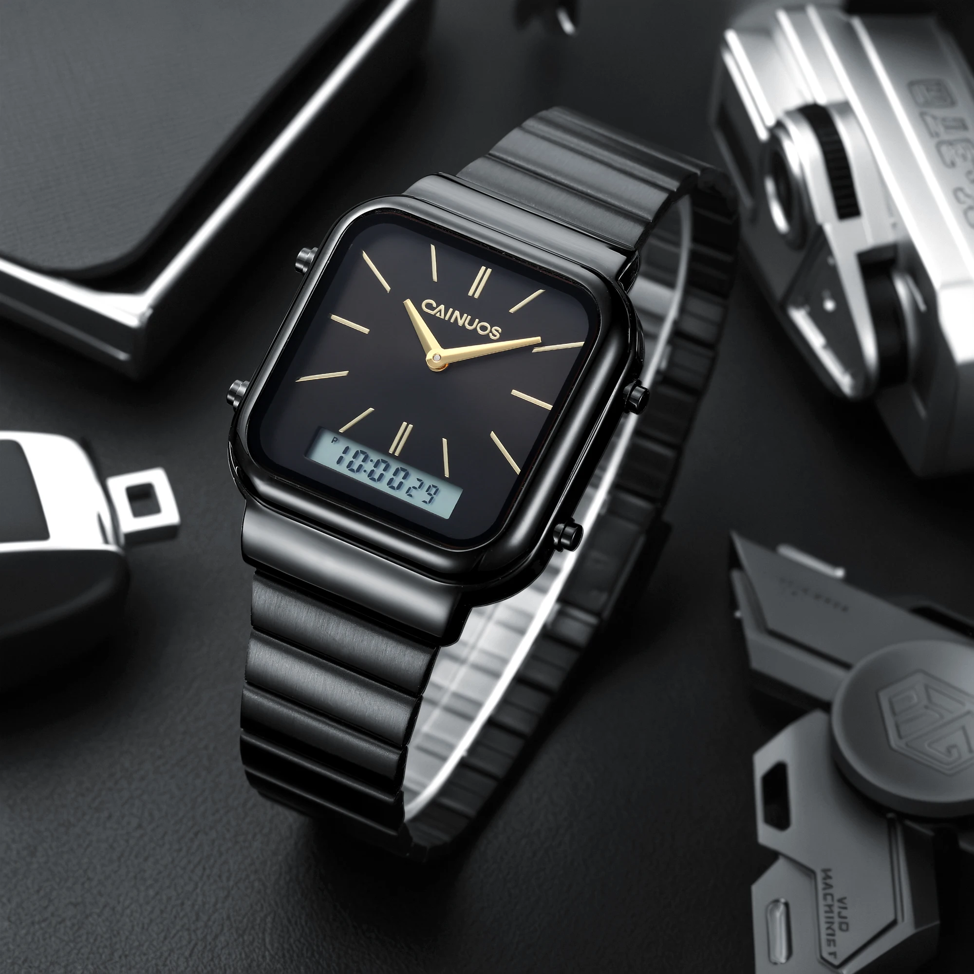 CAINUOS Men's Sports Watches Outdoor Multifunctional Dual Display With Night Light Stainless Steel Band, Stopwatch - Image 4