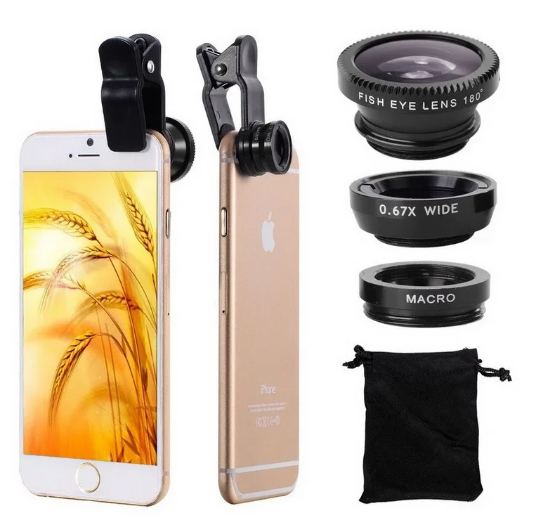 3 in 1 Fish Eye for iPhone Phone Lens Fisheye +wide Angle +macro Camera Lenses for Smart Phone Pack of 5