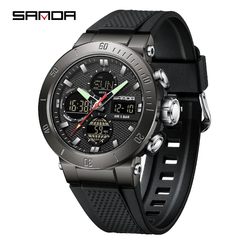 SANDA 6191 Multi-function Sport Stopwatch Men's LED Electronic Watch for Men Digital Watches 50M Life Waterproof Clock for Male Pack of 2