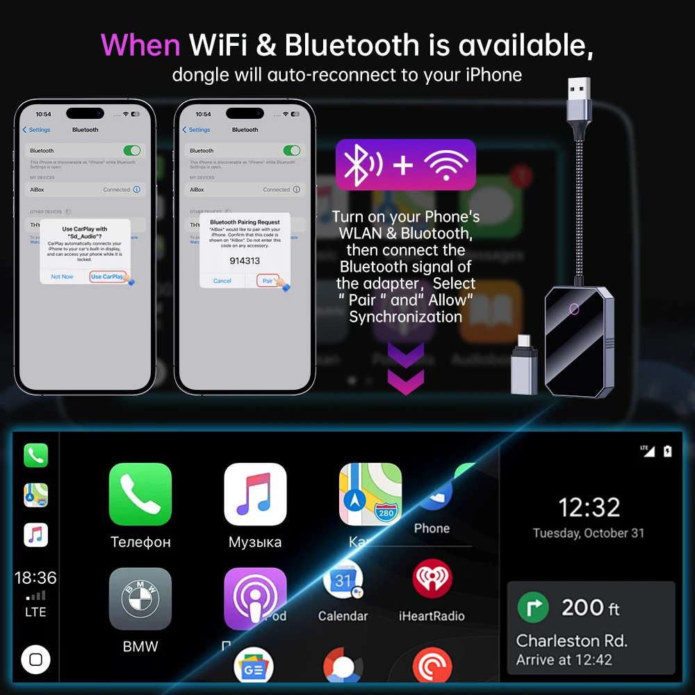 OEM ODM WIred Wireless Dongle Adapter 2 in 1 Carplay Upgrade USB Plug & Play Android Auto Car Play Adapter for Cars - Image 3