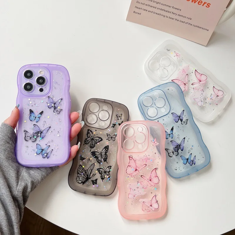Bling Glitter Butterfly Arc Wave Bumper Back Cover 15 16 Pro Max Plus XR XS Max 11 12 13 14Pro Case for iPhone 17