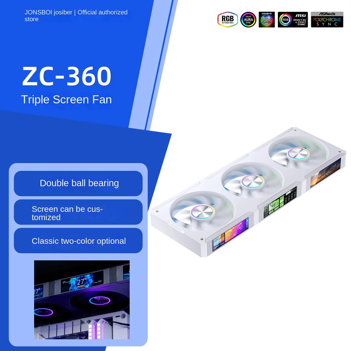 Jonsbo ZC-360 White Case Fan RGB Sync ARGB Light 3-Side PWM Ball Bearing 21.46-62.40 CFM Airflow 700-2400 RPM for Cooling - Image 2
