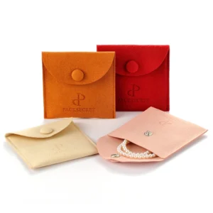 Custom Logo Printed 8*8cm Small Display Necklace Bracelet Jewelry Gift Packaging Snap Button Microfiber Jewellery Pouch Bag Pack of 20