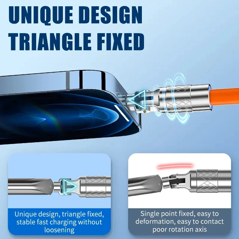 120W 3A Fast Charging Flexible Heavy Duty Silicone USB Data Cable Zinc Alloy 180 Rotation Type-C/iOS/Android Charger Pack of 20 - Image 3