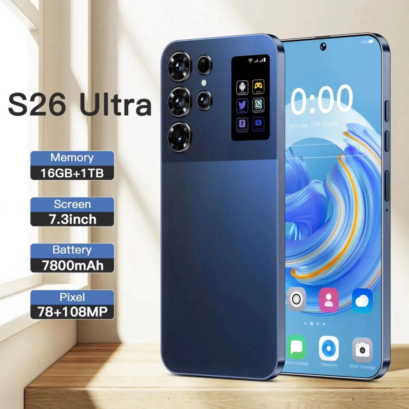 S26 Ultra 5G Smartphone 8G+256G 72MP+108MP Dual Camera Android 14 Full Display Face Unlock Decacore LTE