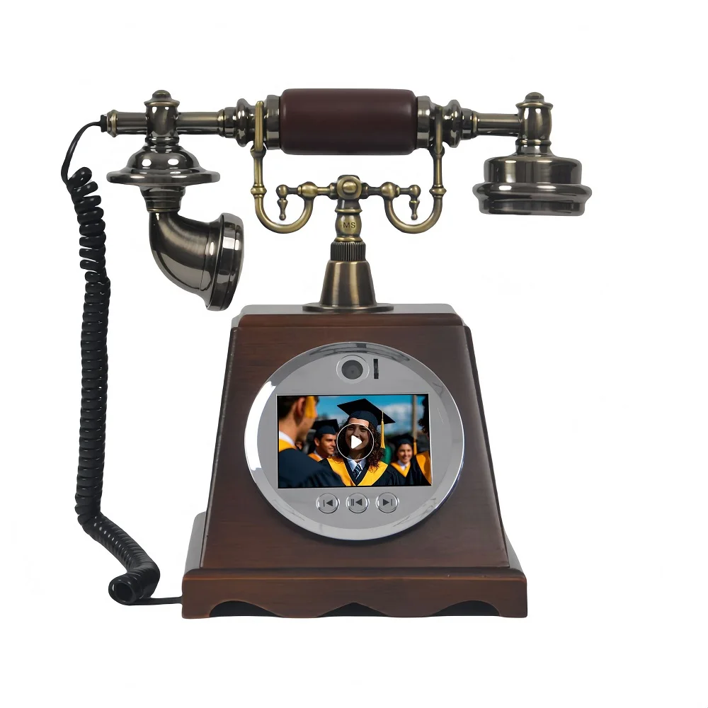 New 128GB Storage Full HD 1080P Video Audio Guestbook Telephone Walnut Vintage Design for Home Hotel and Parties