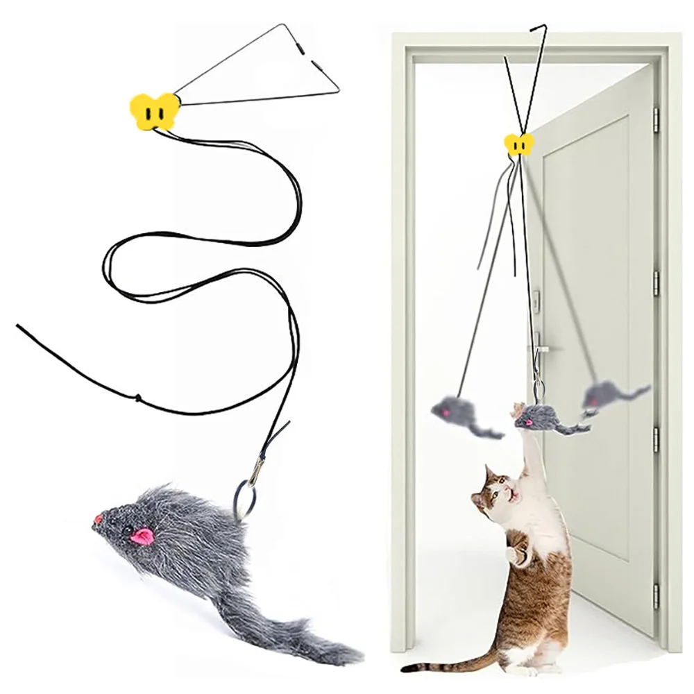 Adjustable Door Frame Teaser with Feather and Beads for Cats Feather Pom Cat Interactive Hanging Toy Pack of 2 - Image 2