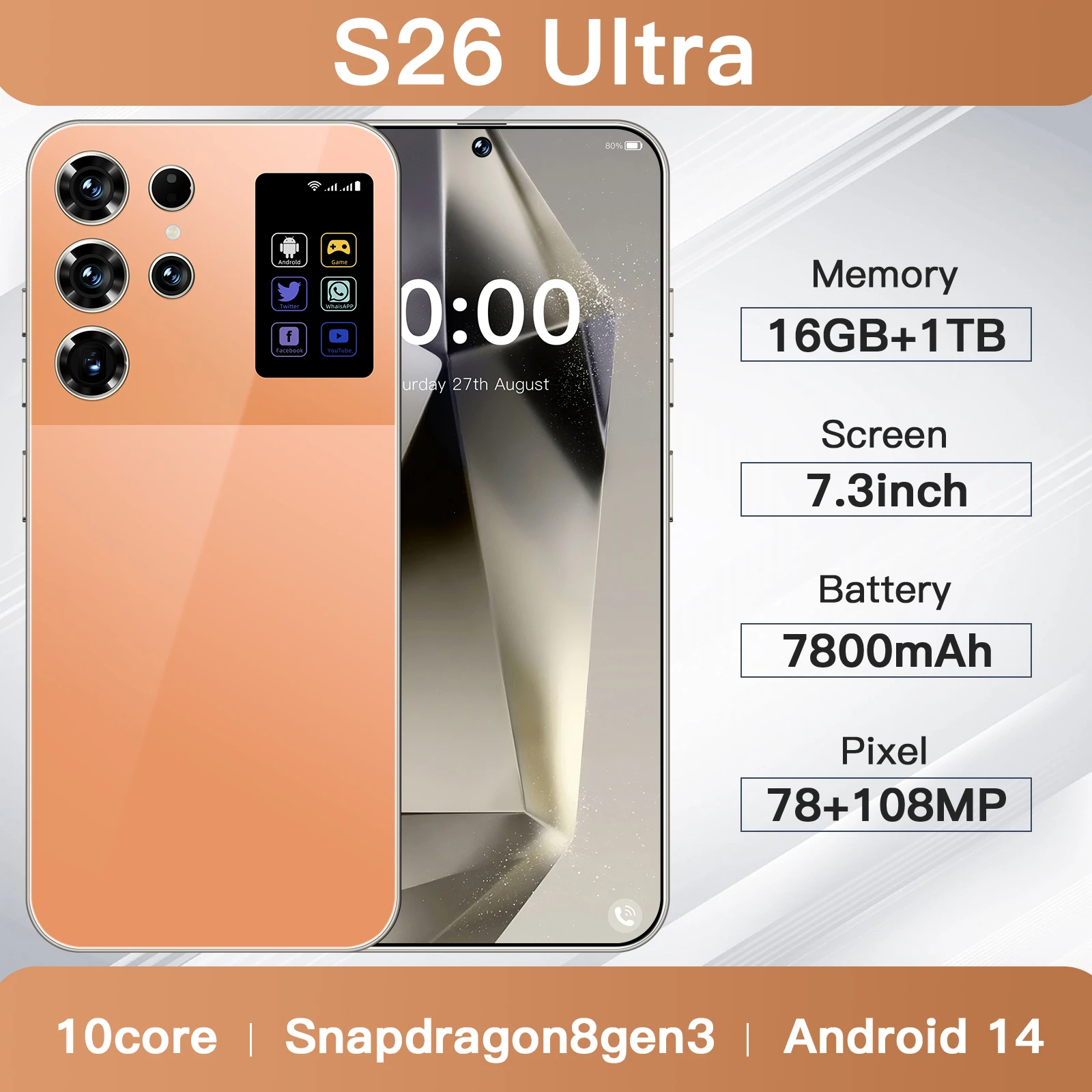 S26 Ultra 3G/4G/5G Mobile Phone 16GB RAM 1TB Storage Smartphone 7.3 Inch HD Dual Card Android Cellphone - Image 2