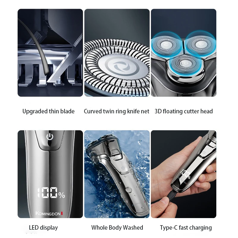 Komindon Electric Razor for Men Face Portable LED Display Rechargeable Waterproof Rotary Shaver with Pop-up Trimmer Pack of 40 - Image 2