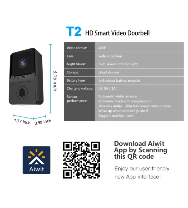 AiWit 480P HD WiFi Wireless Video Doorbell Camera Smart Home Waterproof ...