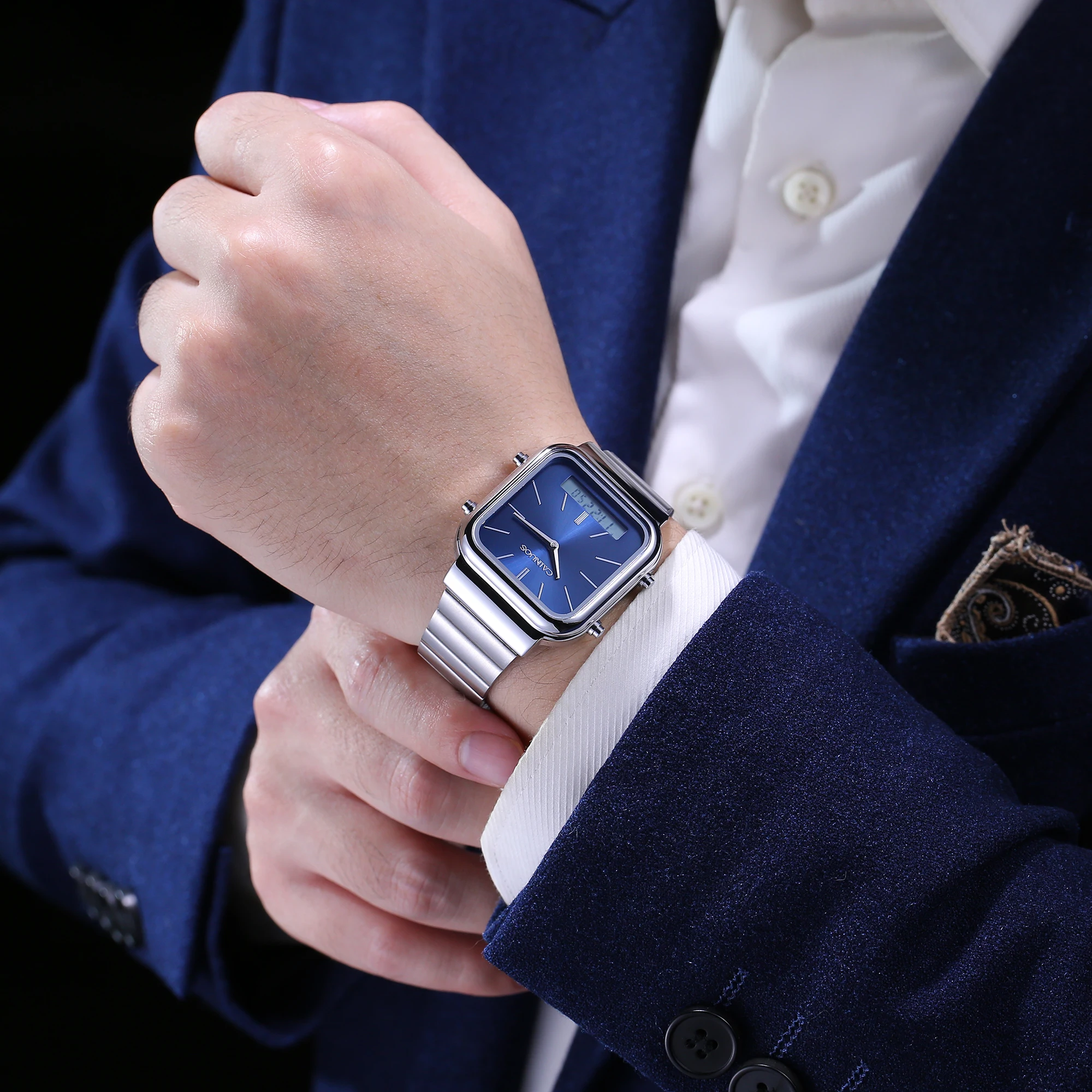 CAINUOS Men's Sports Watches Outdoor Multifunctional Dual Display With Night Light Stainless Steel Band, Stopwatch - Image 2